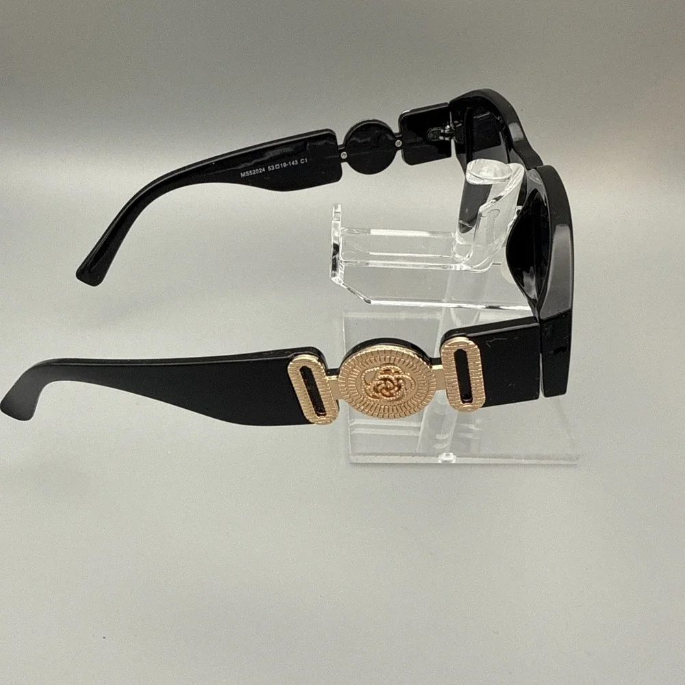 Rectangular Geometric Thick Black Sunglasses Gold Detail Tinted Lenses Trending